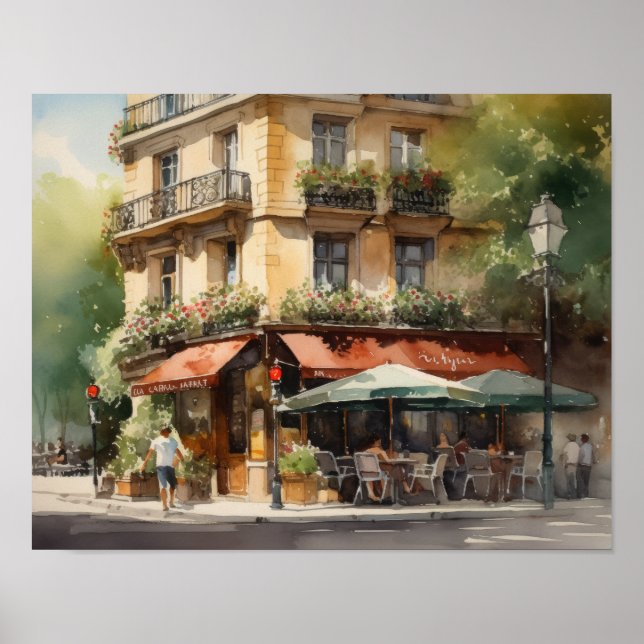 French Cafe Watercolor Landscape Art Print Poster (Front)