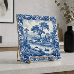 French Canal Panorama Country Folk Small Boat Blue Tile