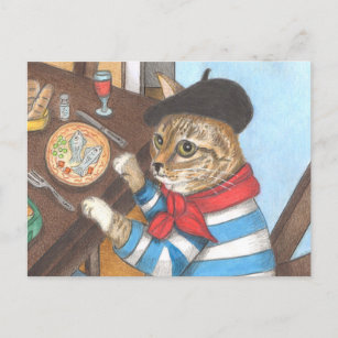 French Cat enjoying a delicious fish dinner  Postcard
