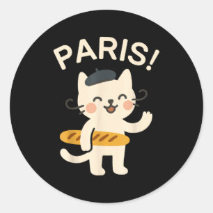 French Cat With Baguette Cute Cat Paris Funny Anim Classic Round Sticker