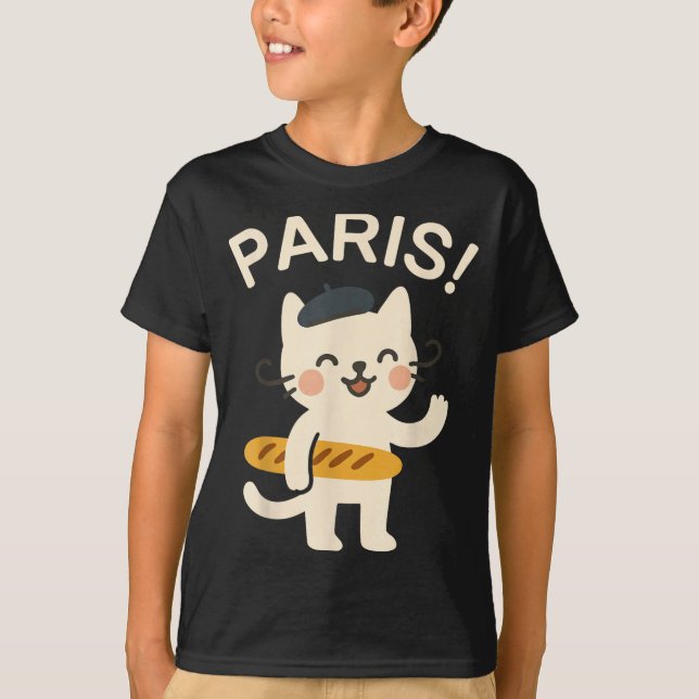 French Cat With Baguette Cute Cat Paris Funny Anim T-Shirt (Front)