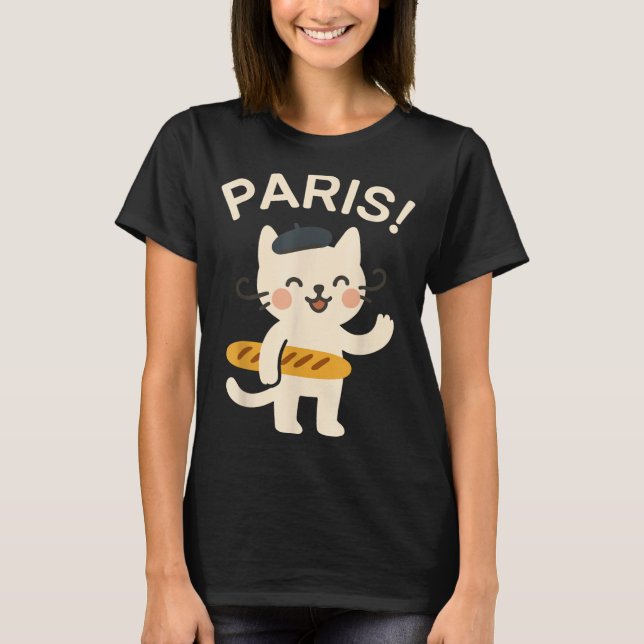 French Cat With Baguette Cute Cat Paris Funny Anim T-Shirt (Front)