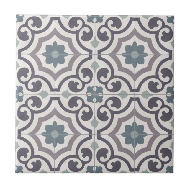 French Ceramic Tile - White, Blue & Gray Tile (Front)