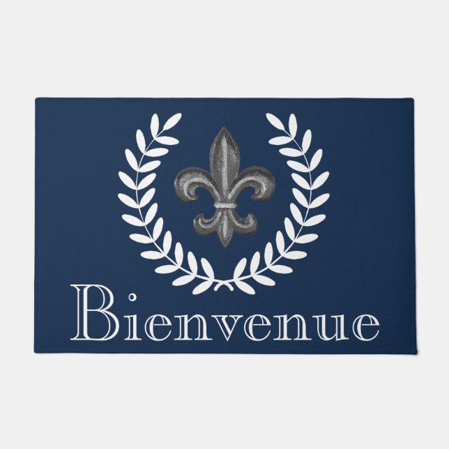 French Chateau Fleur De Lis & Laurels Bienvenue Doormat (Front)