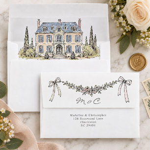 French Chateau Floral Bow Wedding Monogram Envelope