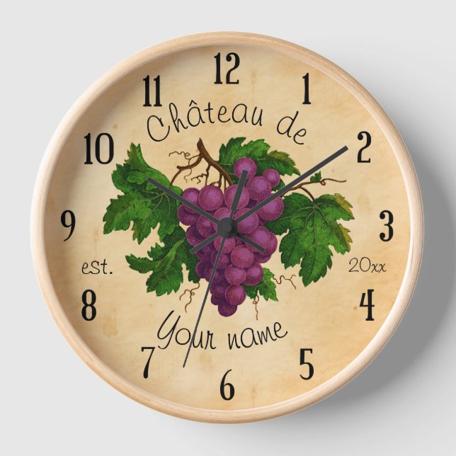 French Chateau with Grapes Vintage Personalized Clock (Front)
