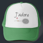 French Chic J'adore Tennis Player Design    Trucker Hat<br><div class="desc">I love tennis design in chic french language, with white retro tennis racket. Personalized classic chic, preppy & elegant tennis design gift for tennis player. Simple, minimalist gift for your tennis coach or tennis team. Personalized Gift for a tennis player. J'adore tennis illustration. Trendy tennis players tournament pastel aesthetic home...</div>