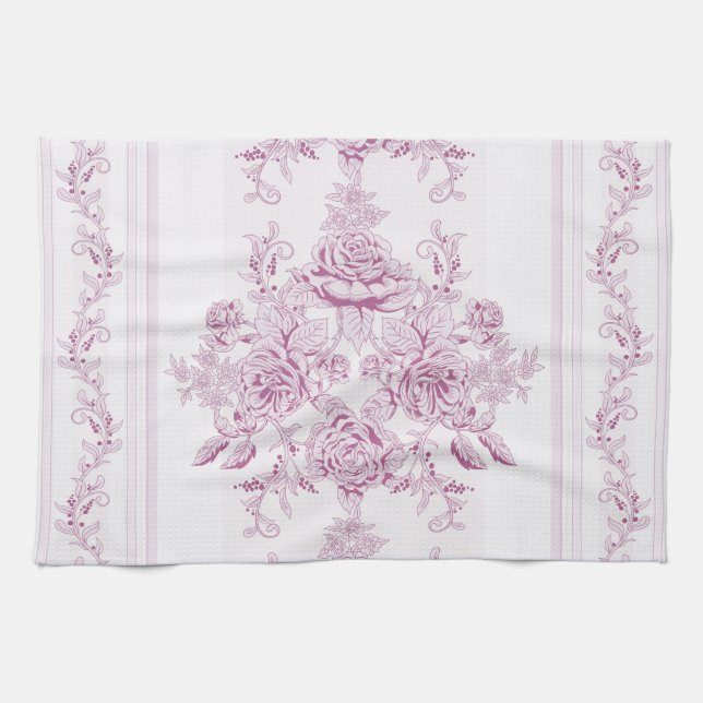French chic,pink,toile,floral,pattern,victorian,Fl Kitchen Towel (Horizontal)