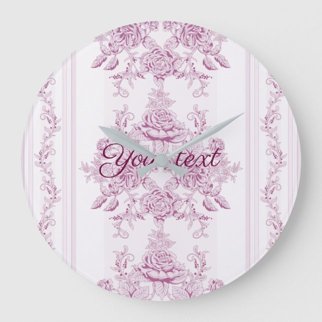 French chic,pink,toile,floral,pattern,victorian,Fl Large Clock (Front)