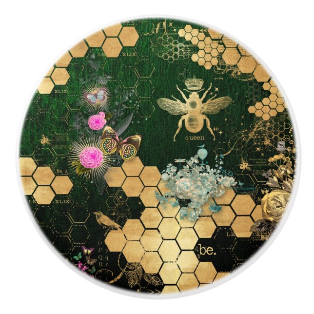 French chic, victorian,bee,floral,gold foil, belle ceramic knob (Front)