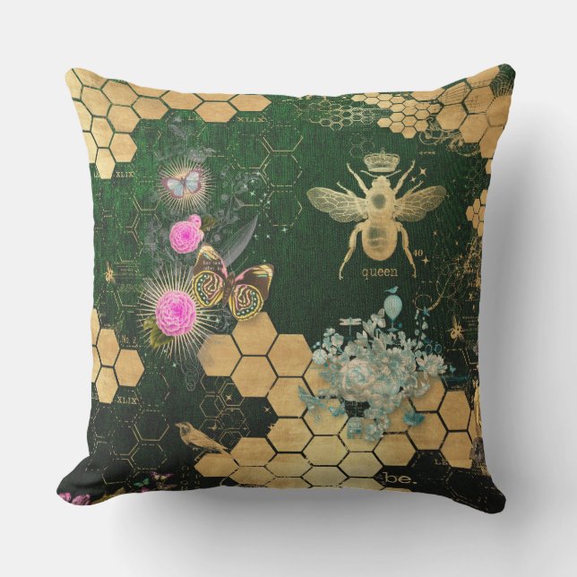 French chic, victorian,bee,floral,gold foil, belle outdoor pillow (Front)