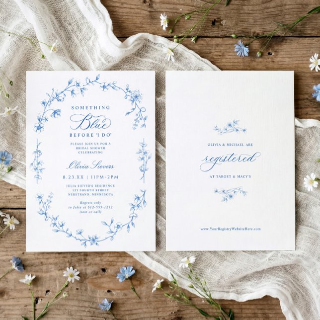 French Chinoiserie Something Blue Bridal Shower Invitation (Something blue before I do bridal shower invitation with blue French wildflower toile design)