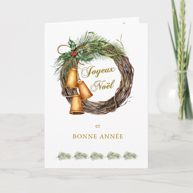 French Christmas Holly Pine Bells Holiday Card (Front)