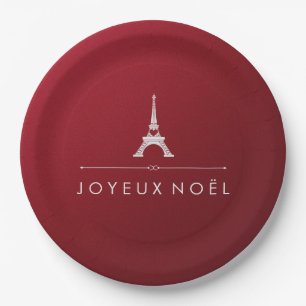 French Christmas Joyeux Noel Eiffel Tower on Red Paper Plate