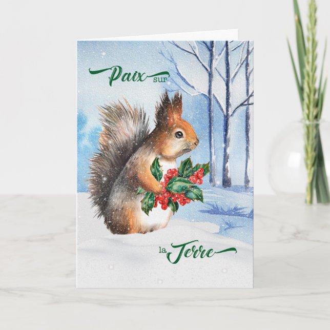 French Christmas Peace on Earth Squirrel Holiday Card (Front)
