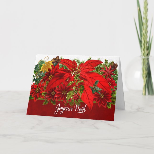 French Christmas Poinsettias Joyeux Noël Holiday Card (Front)