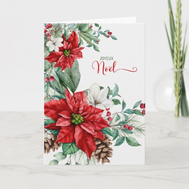 French Christmas Poinsettias Joyeux Noël Holiday Card (Front)