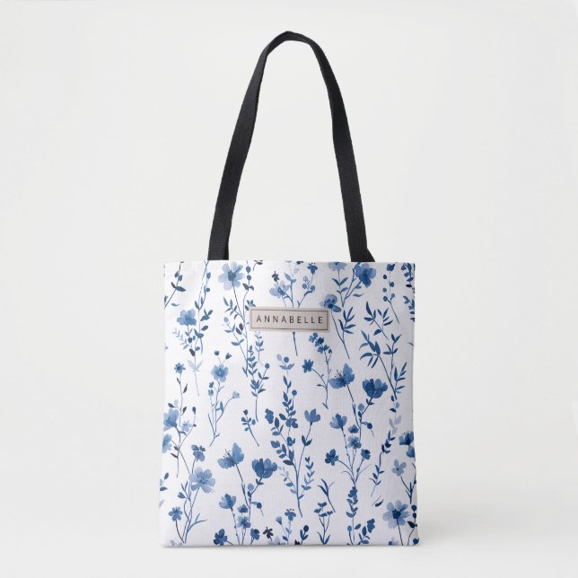 French Cottage Blue Wildflower Tote Bag (Front)
