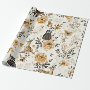 French Country Beige Owl Floral Pattern Wrapping Paper
