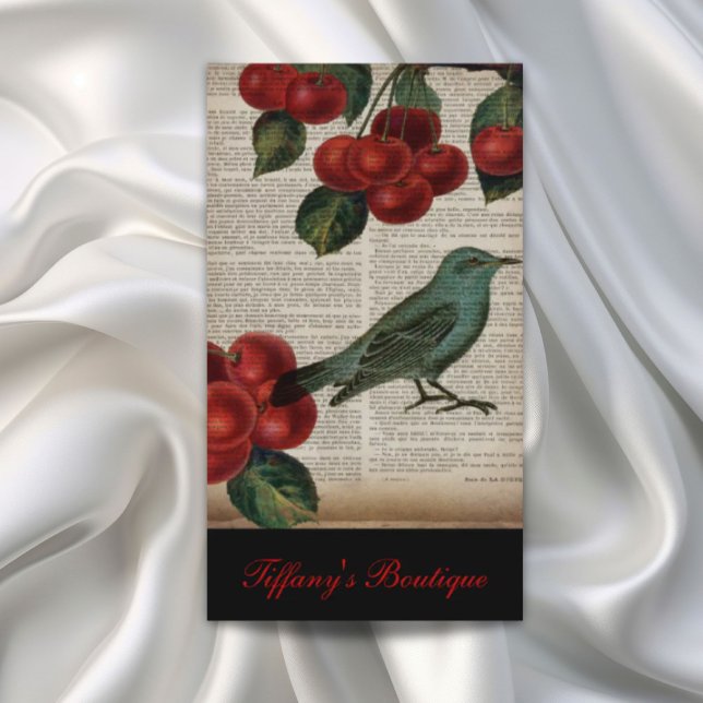french country bird retro botanical red cherry business card (french country bird retro botanical red cherry business card)