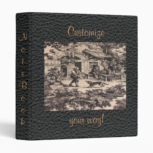 French Country Black Toile Leather Print Binder (Front/Spine)