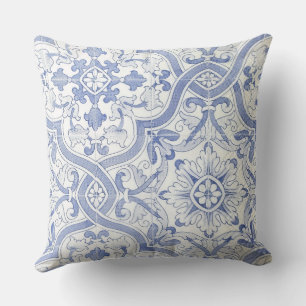 French Country Blue and White Damask Throw Pillow