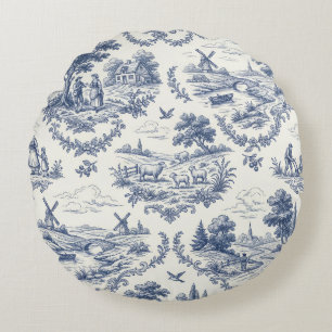 French Country - Blue & Cream Toile Countryside Round Pillow