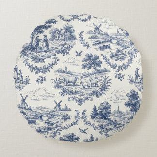 French Country - Blue & Cream Toile Countryside Round Pillow