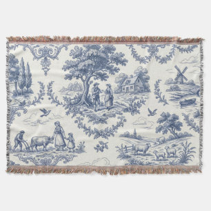 French Country - Blue & Cream Toile Countryside Throw Blanket