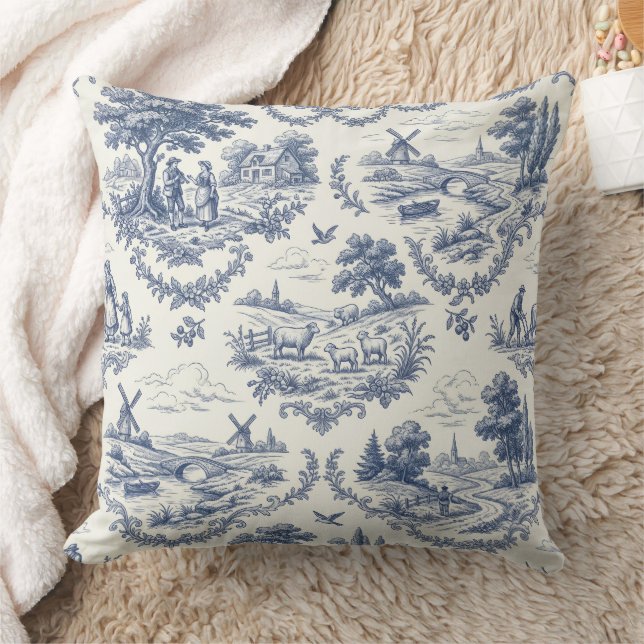 French Country - Blue & Cream Toile Countryside Throw Pillow (Blanket)