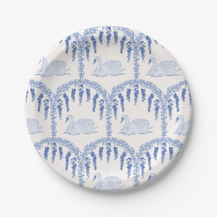 French Country Blue Swans and Floral Vines Paper Plate