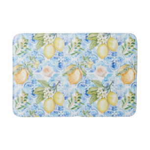 French Country Blue Tile Yellow Lemon Watercolor Bath Mat