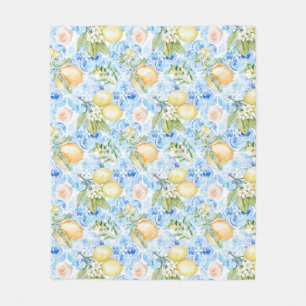 French Country Blue Tile Yellow Lemon Watercolor Fleece Blanket
