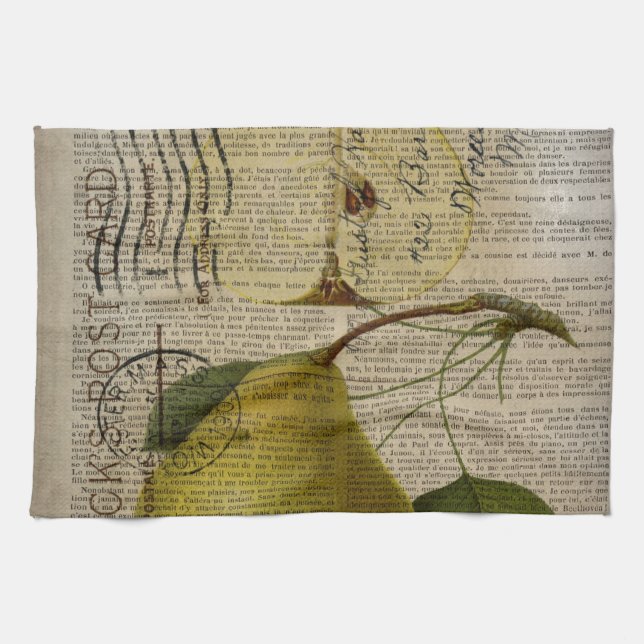 french country botanical illustration vintage pear kitchen towel (Horizontal)