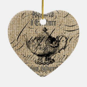 french country burlap scripts teapot tea party ceramic ornament