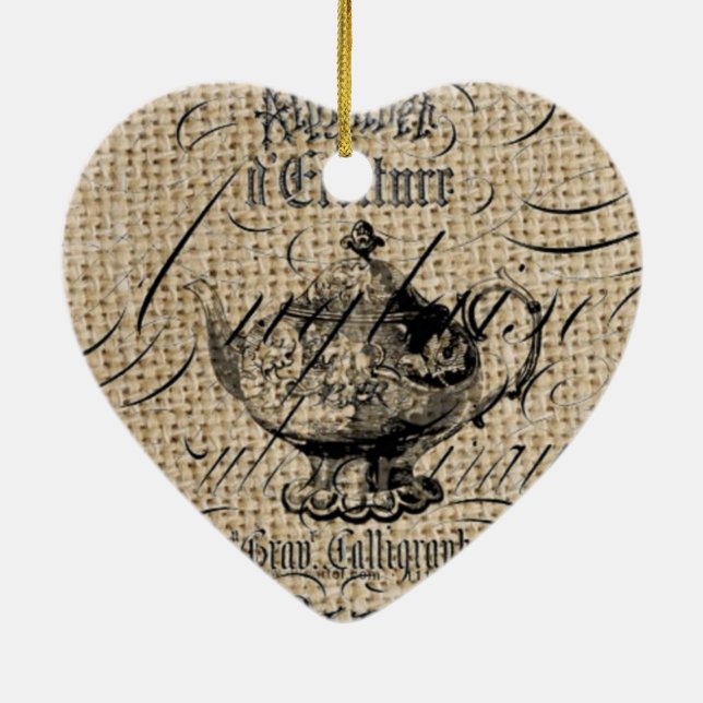 french country burlap scripts teapot tea party ceramic ornament (Back)