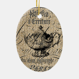 french country burlap scripts teapot tea party ceramic ornament