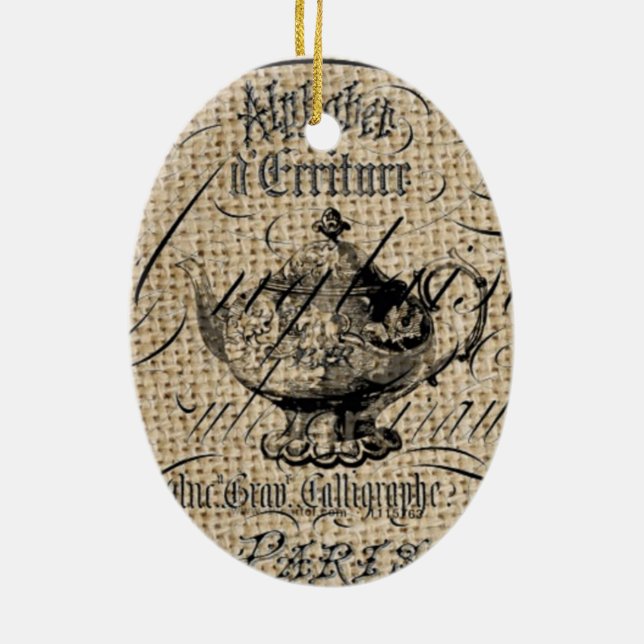 french country burlap scripts teapot tea party ceramic ornament (Back)