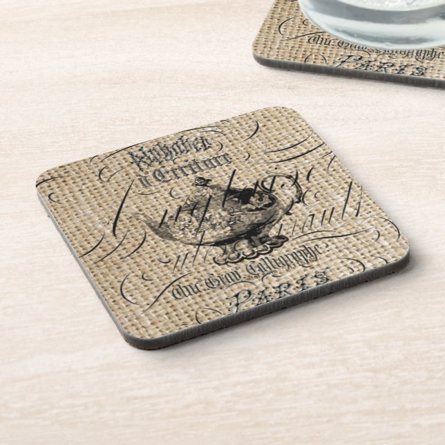french country burlap scripts teapot tea party coaster (Left Side)