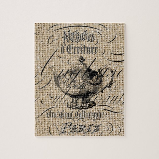 french country burlap scripts teapot tea party jigsaw puzzle (Vertical)