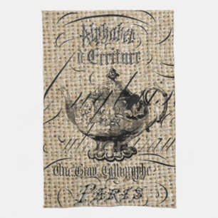 french country burlap scripts teapot tea party kitchen towel