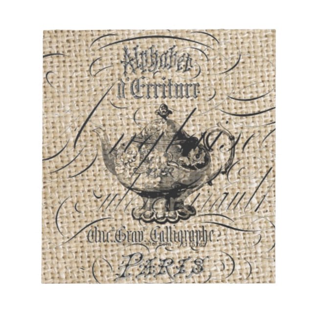 french country burlap scripts teapot tea party notepad (Front)