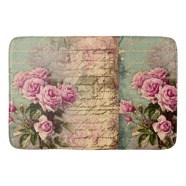 French country chic,shabby chic, pink roses, flora bath mat (Front)