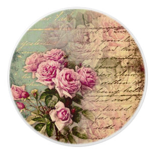 French country chic,shabby chic, pink roses, flora ceramic knob