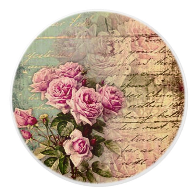 French country chic,shabby chic, pink roses, flora ceramic knob (Front)