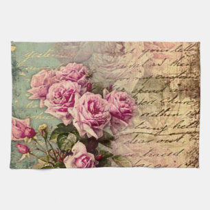 French country chic,shabby chic, pink roses, flora kitchen towel