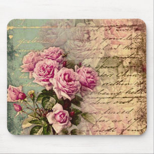 French country chic,shabby chic, pink roses, flora mouse pad