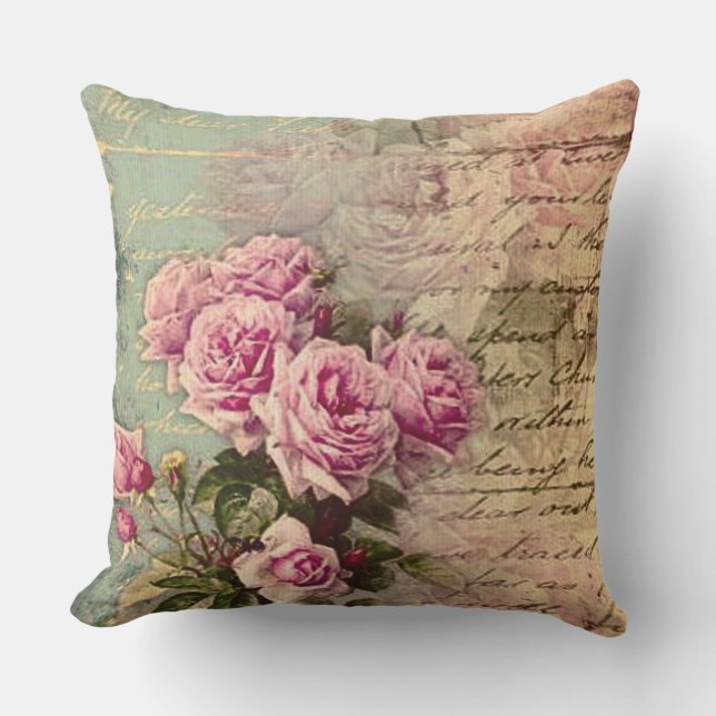 French country chic,shabby chic, pink roses, flora outdoor pillow (Front)