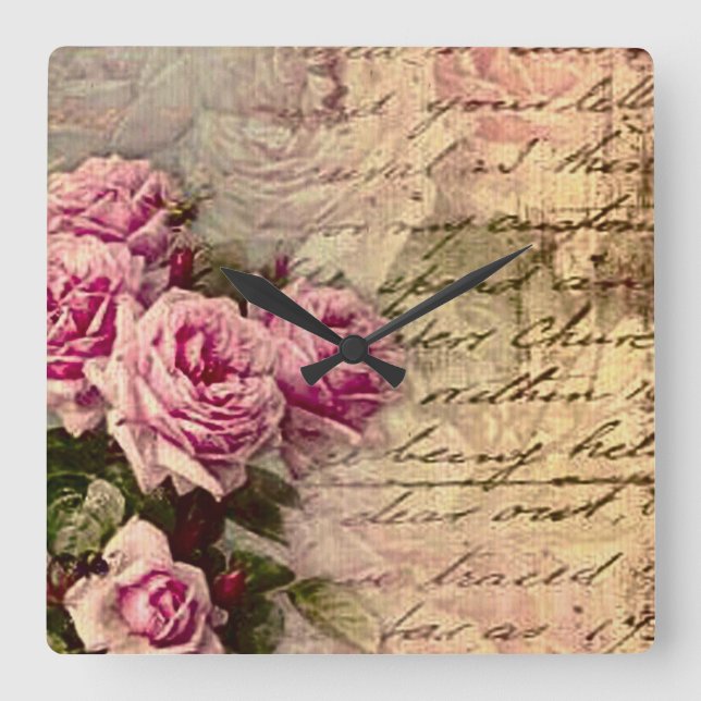 French country chic,shabby chic, pink roses, flora square wall clock (Front)