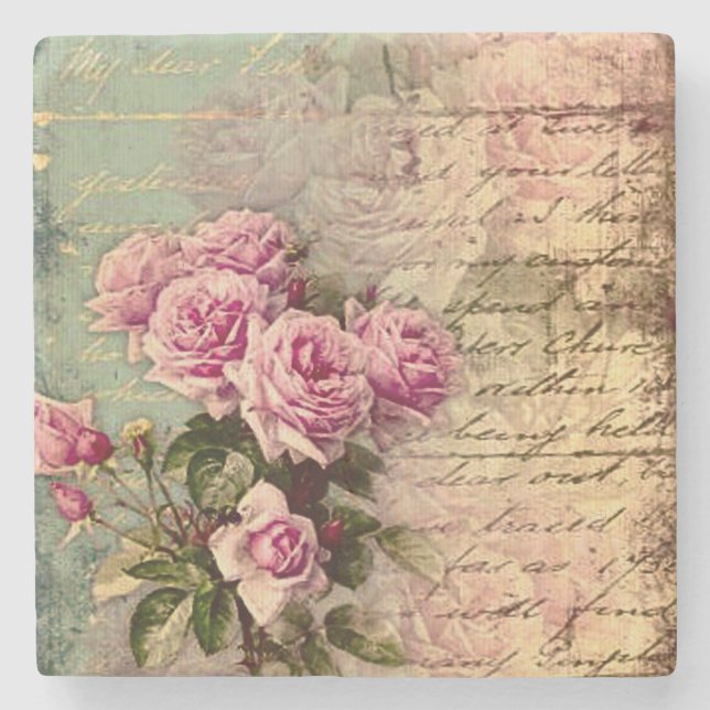 French country chic,shabby chic, pink roses, flora stone coaster (Front)